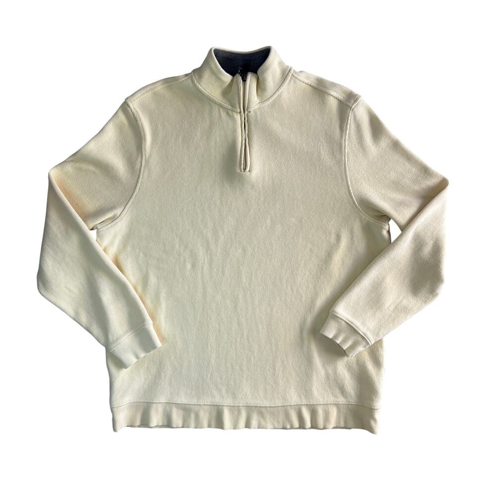 Tasso Elba Men’s Quarter Zip Pullover Sweater Cream Ribbed Cotton Size L
